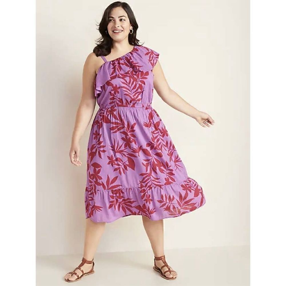 Old Navy One Shoulder Ruffle Trim Dress Sz XL Purple Floral Beach Vacay